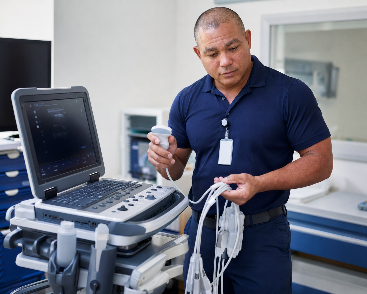 Technician performing preventive maintenance on dialysis equipment