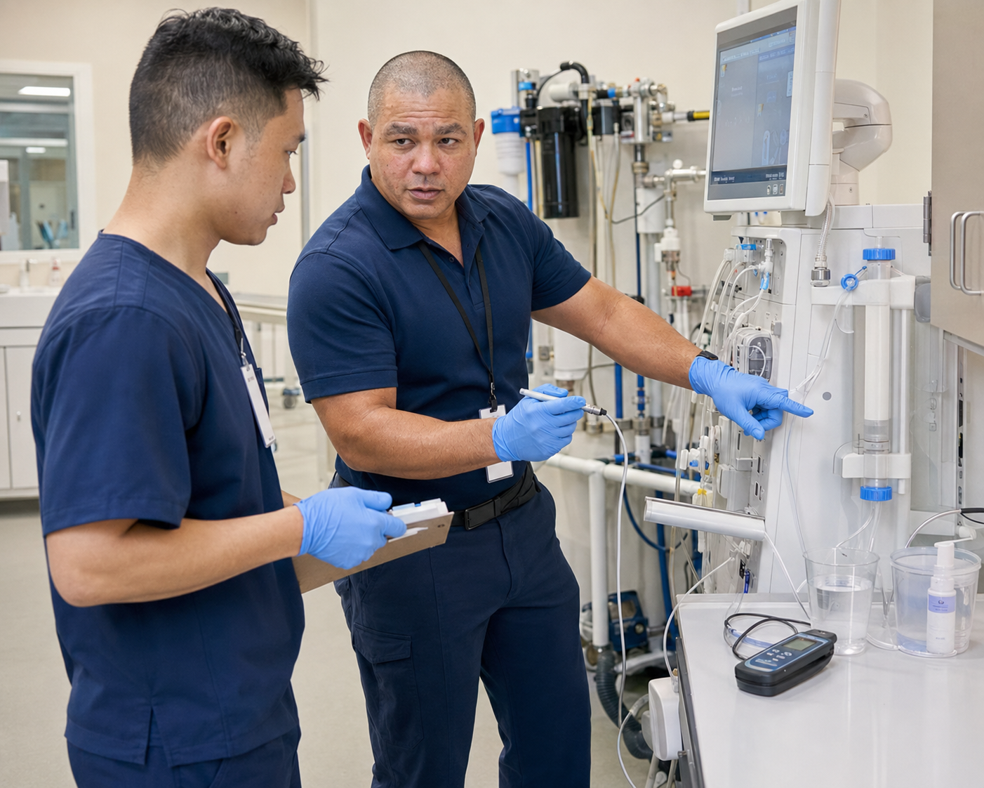 Technician performing preventive maintenance on dialysis equipment