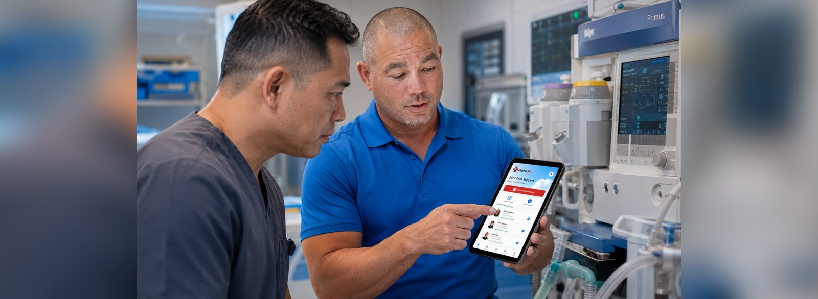 Anesthesia machine support on call | BiomedRx App Two technicians using 24/7 tech support in the BiomedRx App at an anesthesia machine