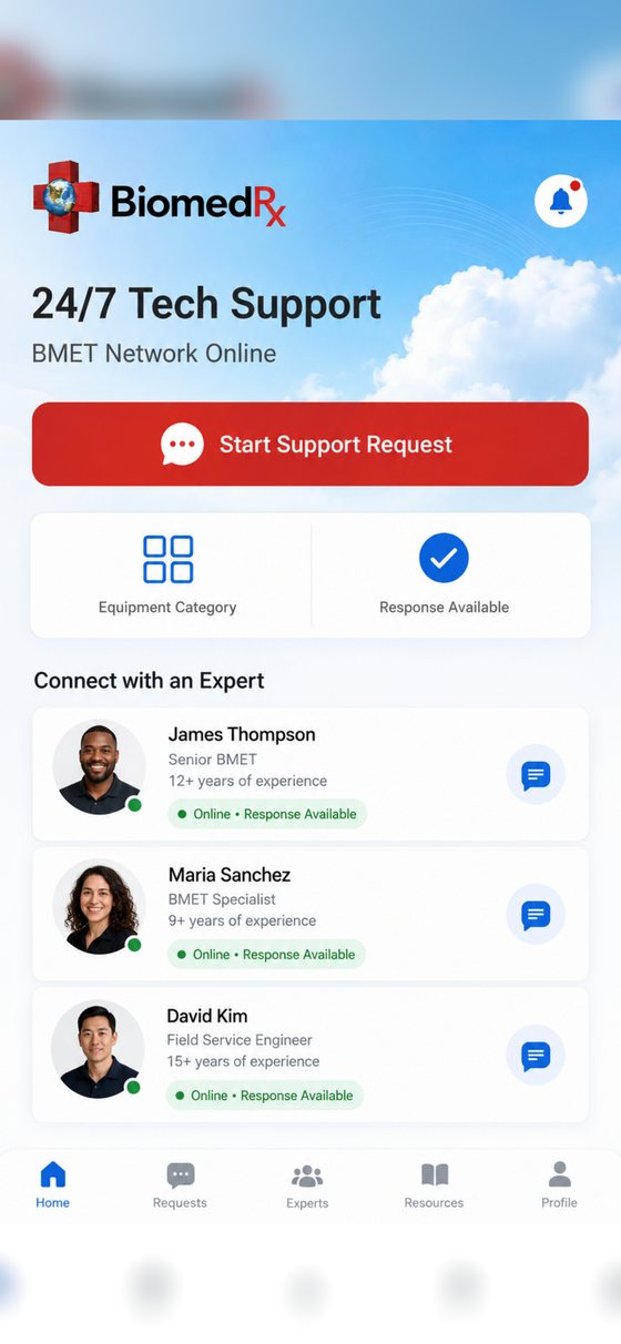 24/7 BMET tech support | BiomedRx App 24/7 tech support in the BiomedRx App connecting to senior BMETs and field service engineers on the BiomedRx network