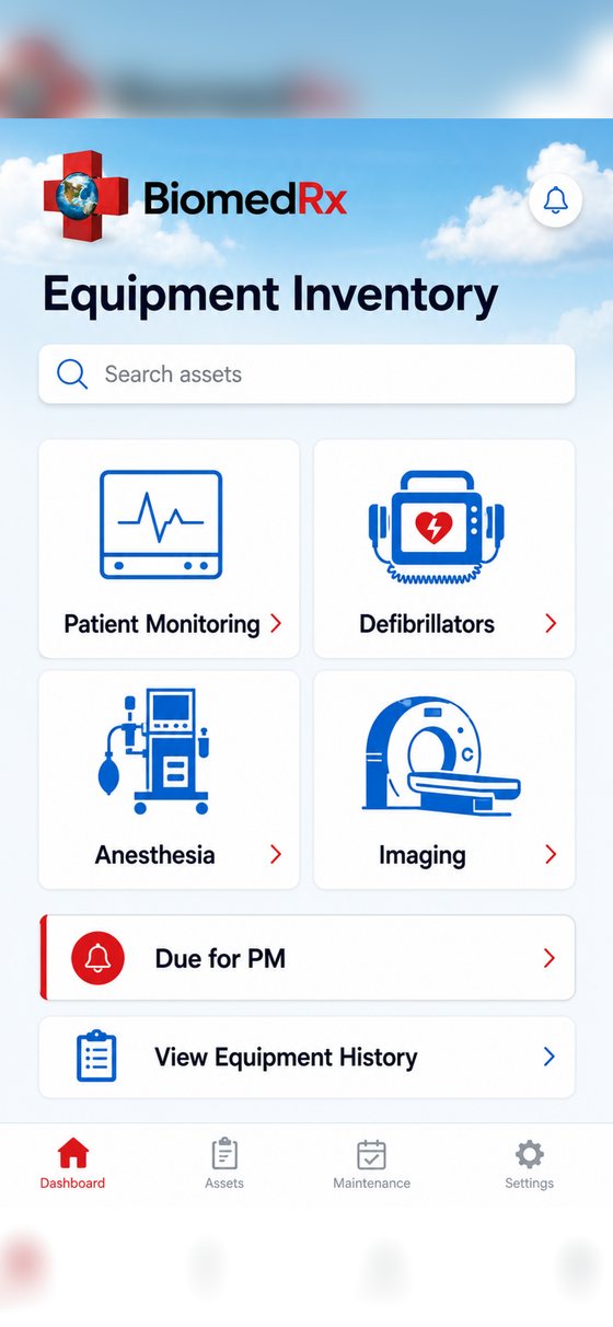 Equipment inventory | BiomedRx App Medical equipment inventory in the BiomedRx App organised by patient monitoring, defibrillators, ventilators and imaging