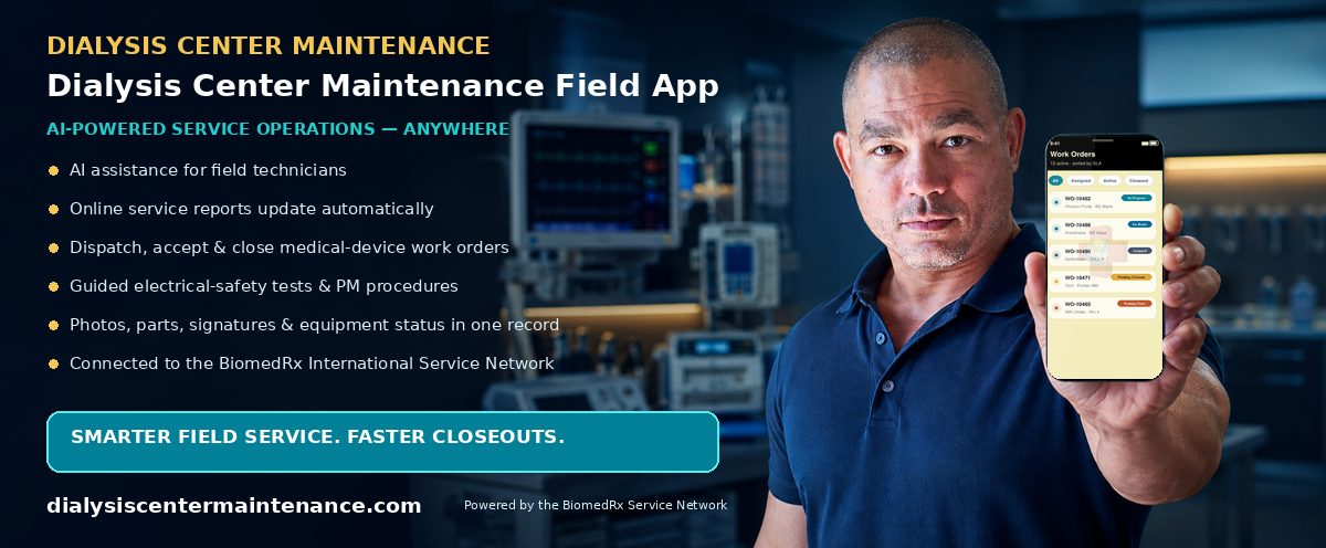 Dialysis Center Field — AI-powered field-service mobile app; automatic online service reports, work-order dispatch, and closeout