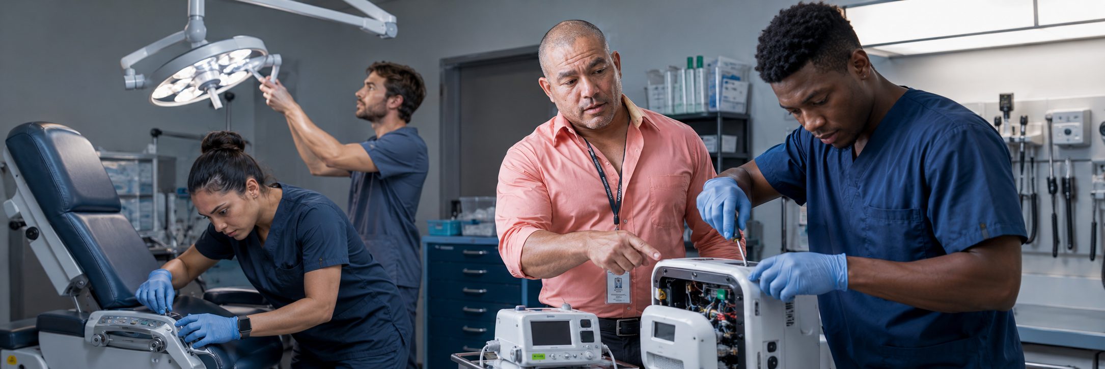 Biomedical technicians performing infusion pump preventive maintenance in an infusion suite