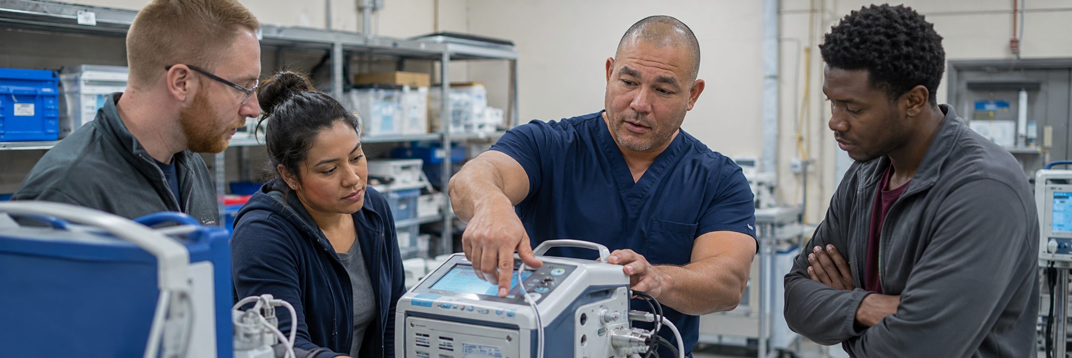 Ventilator and transport monitor service in a hospital equipment depot Ventilator and transport monitor service in a hospital equipment depot