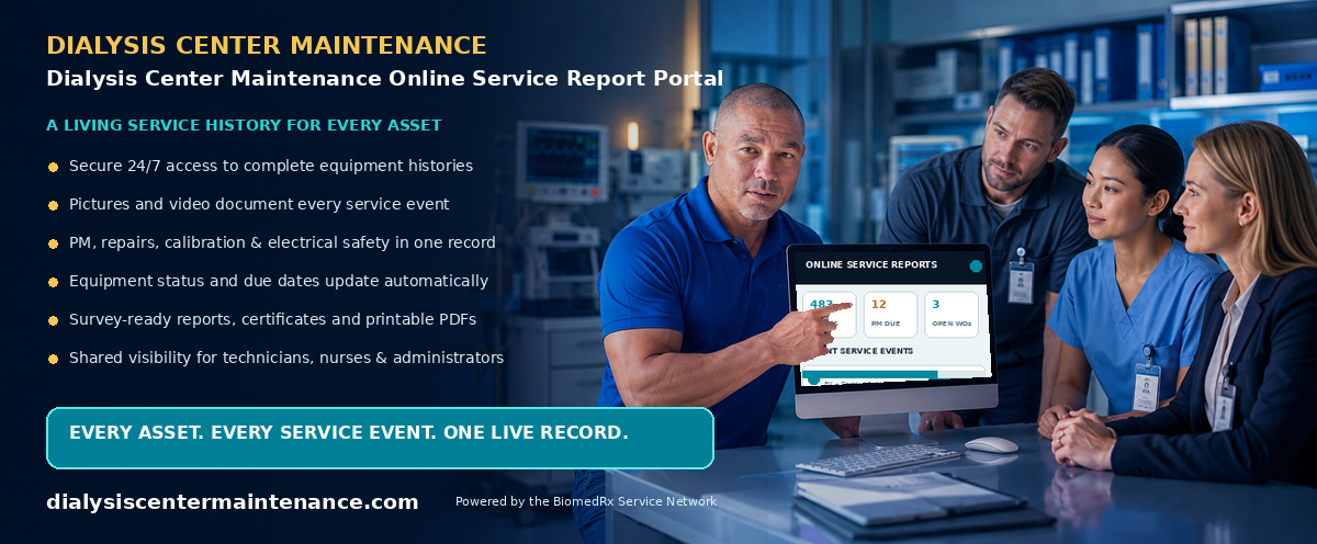 Dialysis Center Maintenance Online Service Report Portal — every service event, live in your secure online report portal; view a sample report